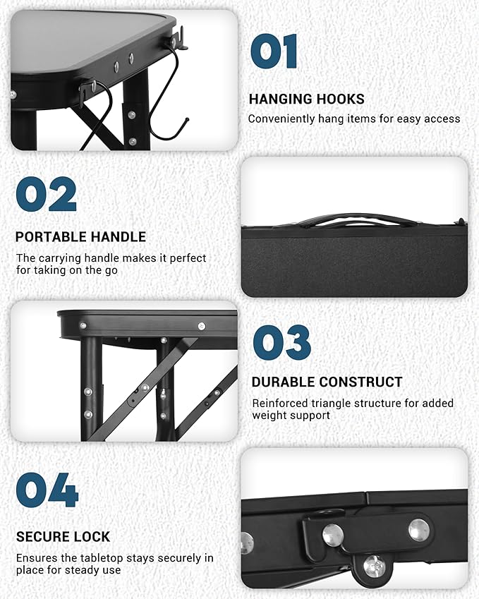 LOFTEY Small Folding Camping Table 2ft Aluminum Portable Folding Table 3 Adjustable Heights | Portable Handle | Lightweight for Travel &amp Outdoor 23.6 x 15.7 x 27.5H Black
