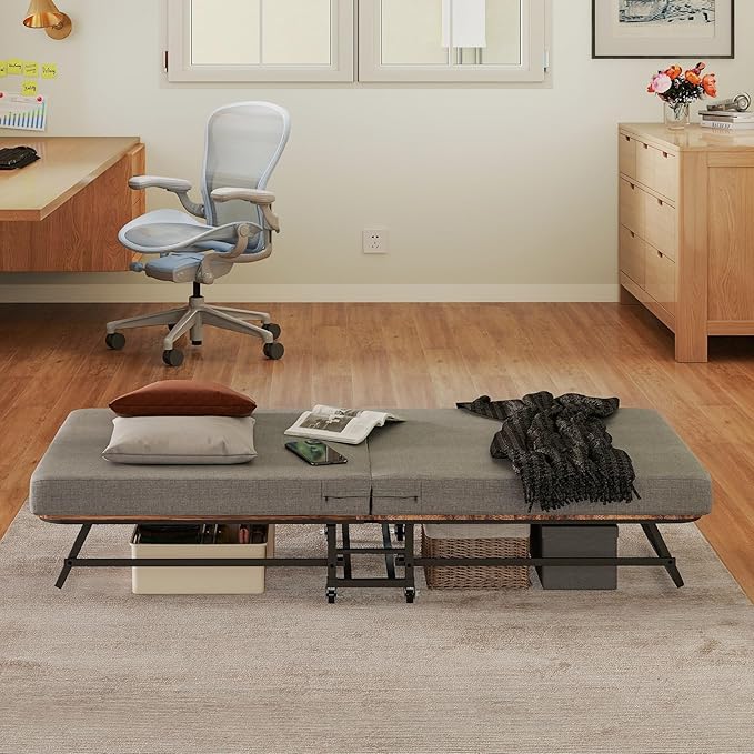 Portable Folding Bed with Memory Foam Mattress - 450 LBS Capacity Lockable Wheels &amp Sturdy Metal Frame