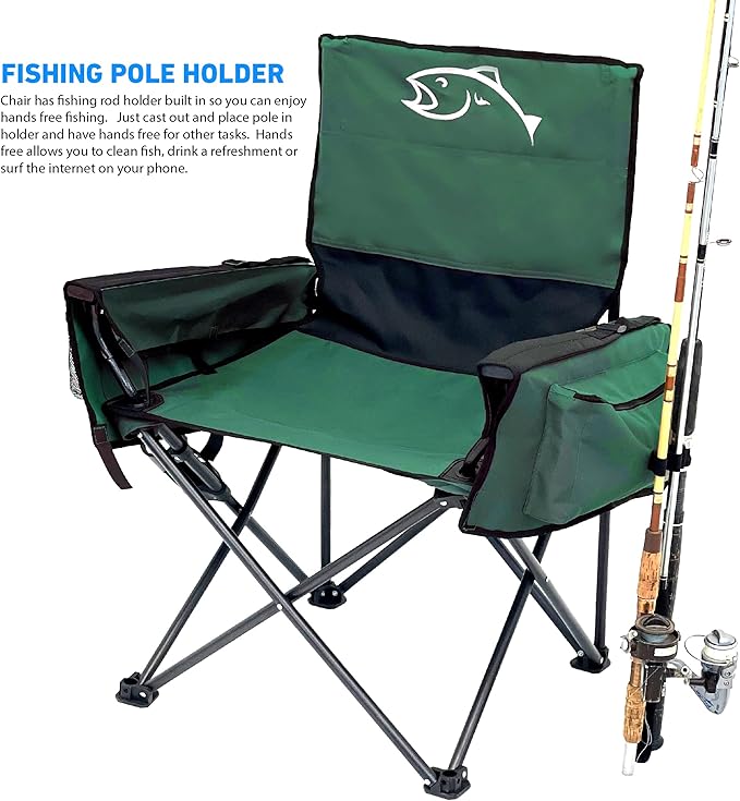 EASYGO PRODUCTS Fishing Chair with Rod Holder – Built in Cooler – Hands Free Fishing Pole Holder - Storage Pouch – Full Size Portable &amp Folding – Ruler for Measuring Fish Fishing Chair Green