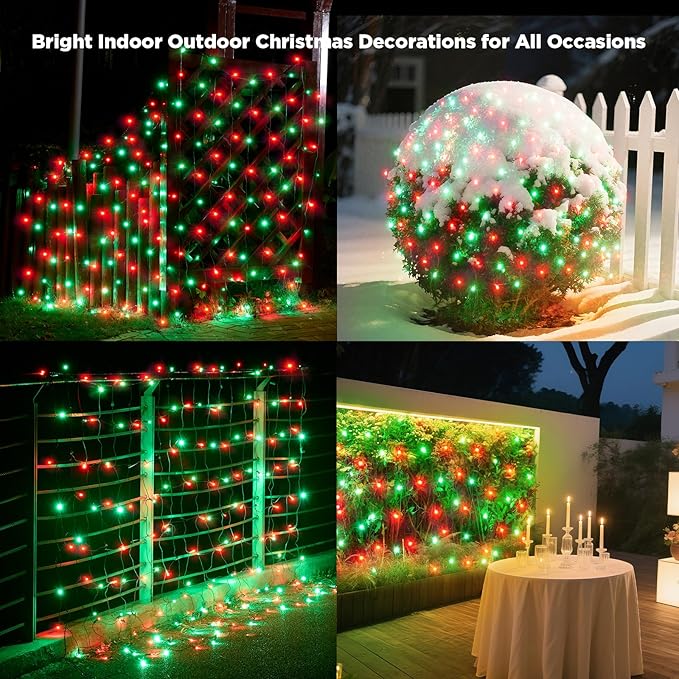 Led Net Lights Christmas Lights Outdoor 200Led 9ftx6ft Upgraded Red and Green Christmas Net Lighting Waterproof 5mm LED Wide Angle Outdoor Indoor Mesh Net Light for Trees Bushes Shrubs Decorations