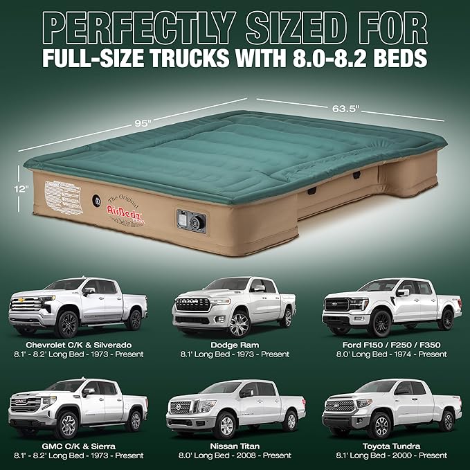 Pittman Outdoors AirBedz Truck Bed Air Mattress – Pro3 Series Truck Bed Mattress for Full Size Long Bed 8 Foot+ 25% More Coverage Built-in Pump Heavy Duty PVC Carry Bag Included - PPI-301