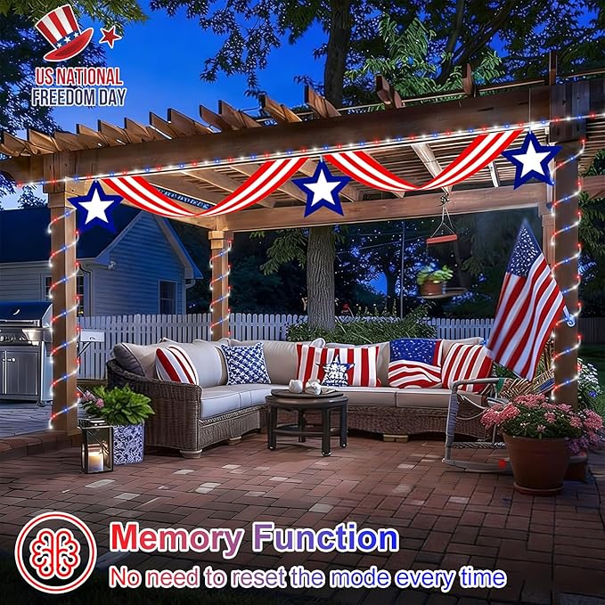 QITONG Red White Blue Solar Rope Lights 2 Pack Each 33ft 100 LED 4th of July String Lights 8 Modes Fairy Lights in Clear Thin Tube for Patriotic Independence Memorial Day Decor