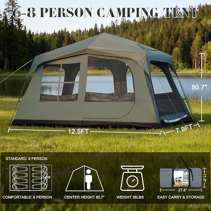 6-8 Person Camping Tent with Porch Large Family Cabin Tent with 2 Rooms 3 Doors Tall &amp Spacious Waterproof Glamping Tent Big Tents for Outdoor Camping Hiking Backyard