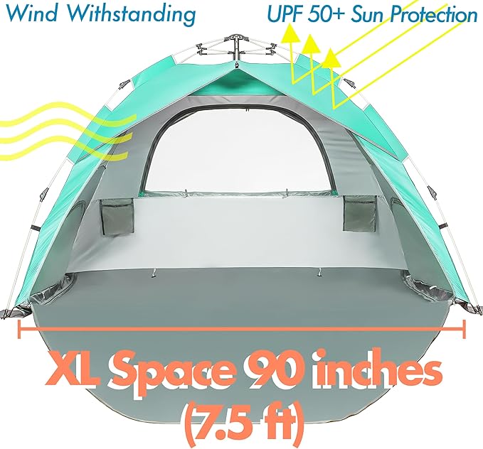 Beach Tent for Family with Kids Pop Up Beach Sun Shade Tent with UPF 50+ UV Protection Removable Floor Zippered Privacy &amp Ventilation Sun Shelter Family 3 to 4 Person