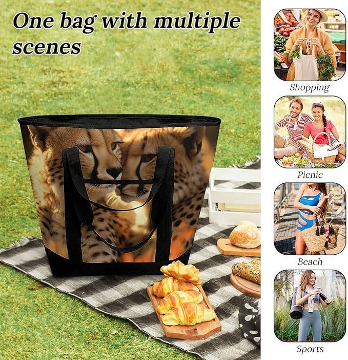 Insulated Shopping BagLarge Reusable Cooler Bags Cheetah Love Printed Foldable Shopping BagTravel Waterproof Shoulder Bag