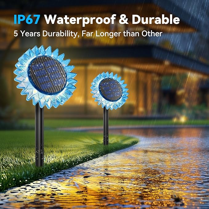 Solar Garden Lights - Upgraded Solar Sunflower Light Ground/Wall 2 In 1 Solar Outdoor Lights Waterproof IP67Garden Yard Patio Backyard Pathway Landscape Fence Wall Decoration Warm White(4 Pack)
