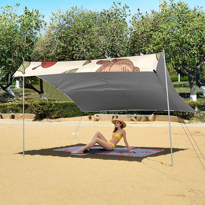 Capybaras Cherry Camping Sun Shelter Beach Tent Portable Beach Sun Shade Outdoor Canopy for Camping Trips Fishing Picnic