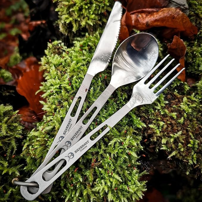 SILVERANT Titanium Camping Flatware Titanium Spork Spoon Chopsticks Knife Straw Cutlery Set PortableTableware for Lunch Box Outdoor &amp Hiking Comes with Drawstring Bag &amp Carabiner- Polished