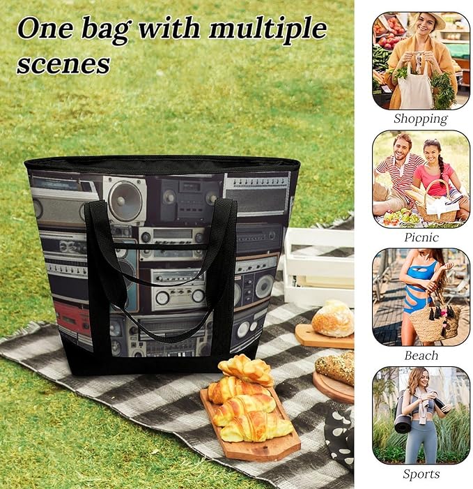 Insulated Shopping BagLarge Reusable Cooler Bags Vintage Wall of Radio Boombox Printed Foldable Shopping BagTravel Waterproof Shoulder Bag