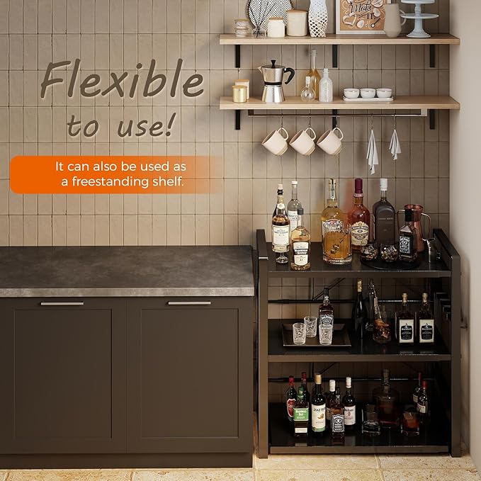 3-Tier Microwave Rack - Height Adjustable &amp Extendable Kitchen Shelf with Drawer - Carbon Steel - Includes Hooks &amp Reinforcement Suction Cups Baker's Rack (Black)