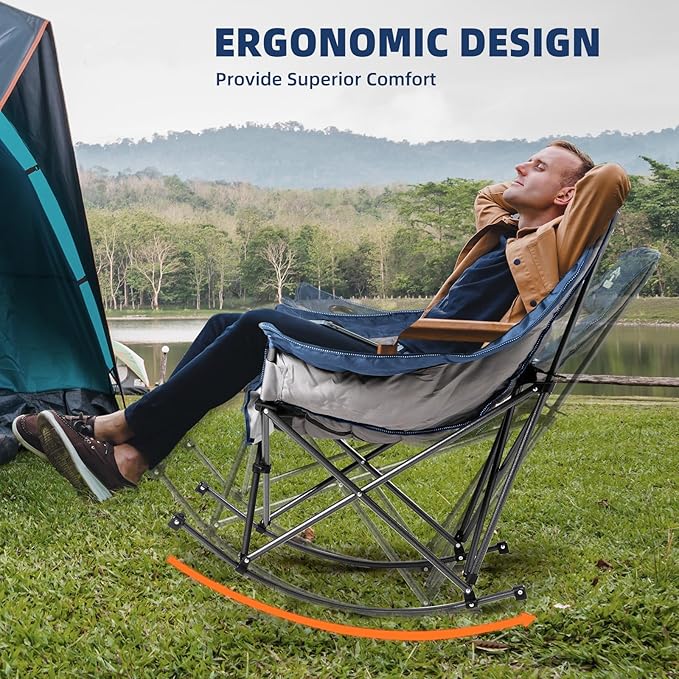 Oversized Rocking Camping Chair for Adults - Heavy-Duty 400lbs Capacity Portable Folding Camp Chair with Side Pocket Fully Padded Outdoor Rocking Chair for Camping (Light Blue &amp Gray)