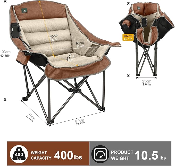 Northroad Oversized XL Padded Camping Chair w/Cell Phone Holder Large Camp Chair Foldable Lawn Chair w/Cup HolderCarry Bag for Outdoor Hiking Picnics Heavy-Duty 400-lbs Capacity Moca