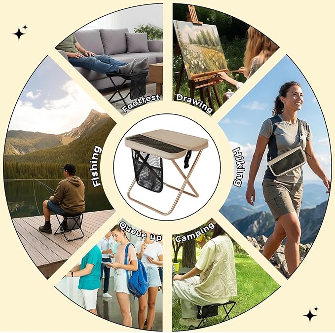 Portable Collapsible Stool - Folding Chair with Storage Pouch Convertible Satchel for Hands-Free Carry &amp Supports 265Lbs Ultralight for Hiking Fishing Camping Festivals (Khaki)