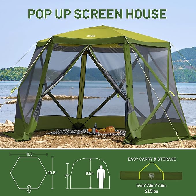 TIMBER RIDGE Easy Pop Up Gazebo Canopy Tent for Camping 11.5 X 9.8 Ft Portable Instant Screenhouse Pop Up Screened in Canopy with Netting for Backyard Patio Outdoor Tailgating Picnics Green