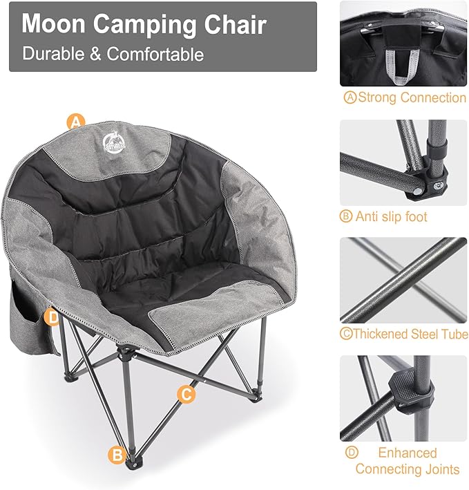 Northroad Compact Camping Moon Chair Outdoor Padded Folding Round Chair w/Cup Holder Supports up to 300 lbs for Beach Hiking Fishing Picnic LawnBlack