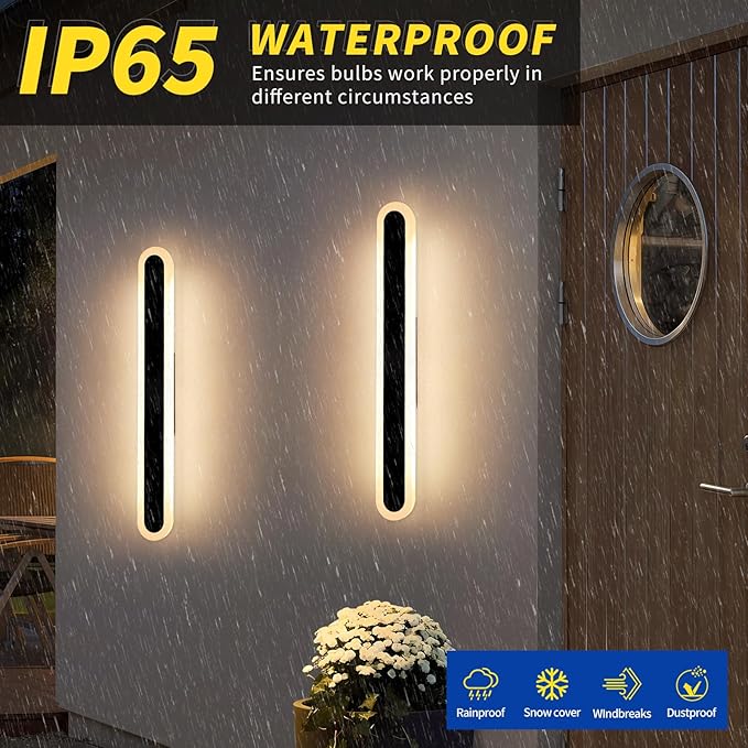 2 Pack 23.6inch Exterior Wall Light Fixture Long Outdoor Modern LED Wall Lights 3 Color 3000K/4500K/6000K 24W IP65 Waterproof Oval Outside Porch Lighting for House Garage Fence Garden