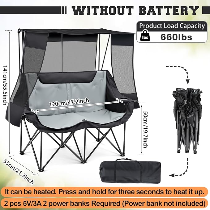 Double Camping Chair with Canopy 660lbs Folding Beach Camping Loveseat with Padded Seat and Cup Holders 4-Zone Heated Outdoor Chair for Lawn Beach Camp Use 5v/3a Power Bank