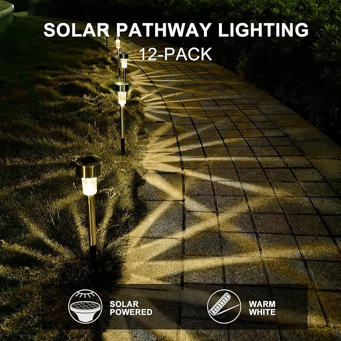 Dream Master Solar Lights Outdoor Waterproof Stainless Steel LED Landscape Lighting Solar Garden Lights Outdoor Decorations for Yard Pathway Walkway Patio Lawn - 12 Pack(Warm White)