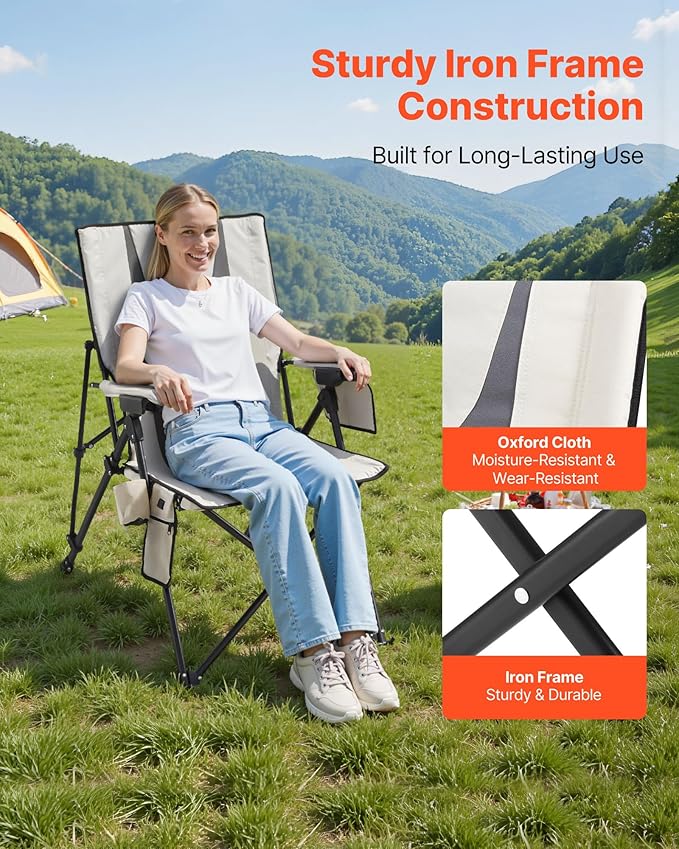 VEVOR Heated Camping Chair 3 Heat Settings High Back Folding Camping Chair Supports 260lbs Full Padded Beach Chairs with Armrest &amp Cupholder Portable Lawn Chairs for Outdoor Sports Travel