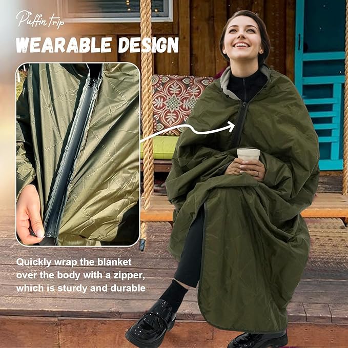 Wearable Warm Camping Blanket Waterproof Windproof Quilted Fleece Stadium Outdoor Blanket with Portable Bag for Cold Weather Picnic Sports Pet Beach Travel Car 79x55 inches Olive Green with Hat
