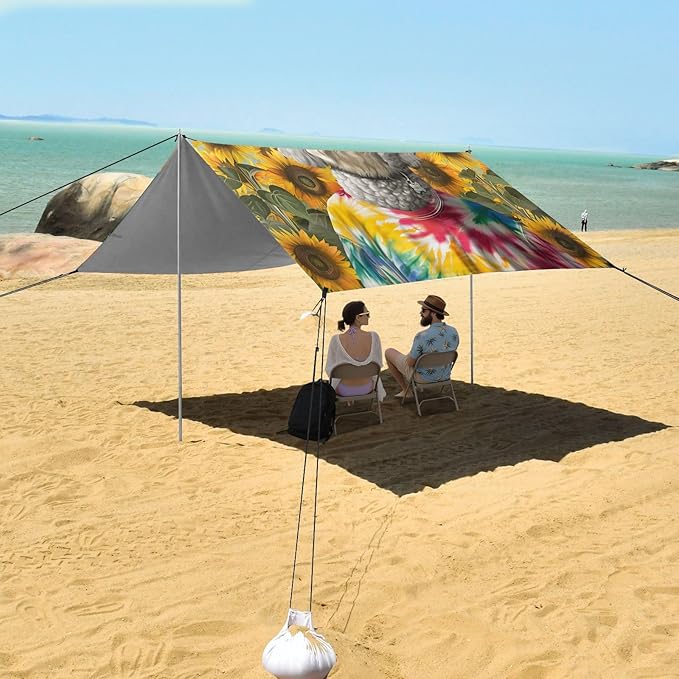 ALAZA White Dog and Sunflower Beach Tent Sun Shelter UPF50+ Protection Beach Shade Canopy w/ 4 Sandbags for Outdoor Camping Fishing Backyard Fun Picnic 10x9 ft