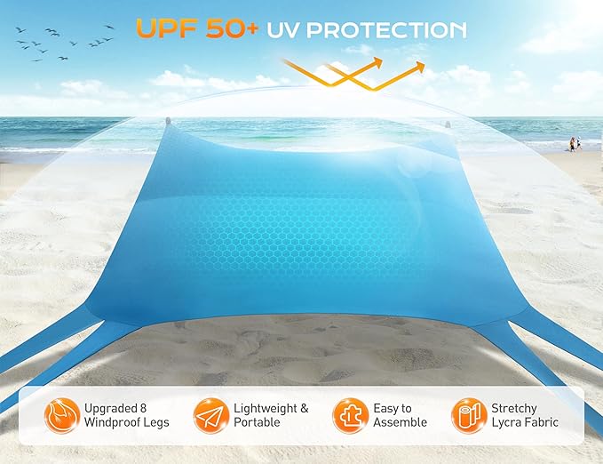 Rengue Beach Tent Beach Canopy UPF50+ UV Protection 10x10ft Beach Shade Sun Shelter with 8 Sandbags Sand Shovels Ground Pegs Stability Poles for Camping Fishing Picnics Backyard Fun Sky Blue