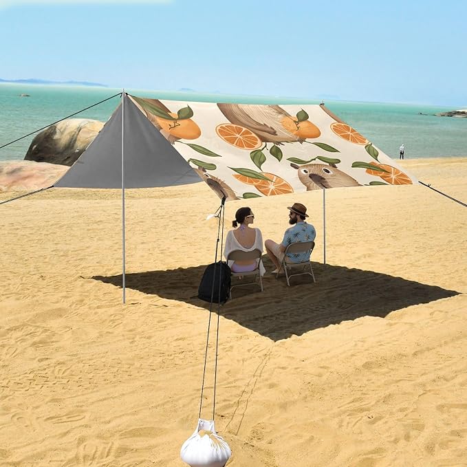 Cute Capybaras with Juicy Oranges Camping Sun Shelter Beach Tent Portable Beach Sun Shade Outdoor Canopy for Camping Trips Fishing Picnic