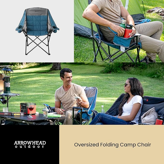 ARROWHEAD OUTDOOR 2-Pack Oversized Folding Camp Chair w/Adjustable Double Sized Cup Holder Mesh Sides Inner Pockets Carry Bag 300 LBS Weight Capacity