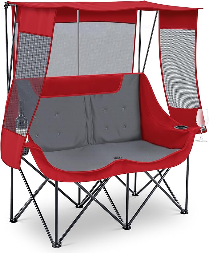 Double Camping Chair with Canopy Shade 660lbs Heavy Duty Beach Chair Portable Folding 2 Person Camping Loveseat with Cup Holder and Storage Bag for Lawn Beach Outdoor Sport(Red and Grey)