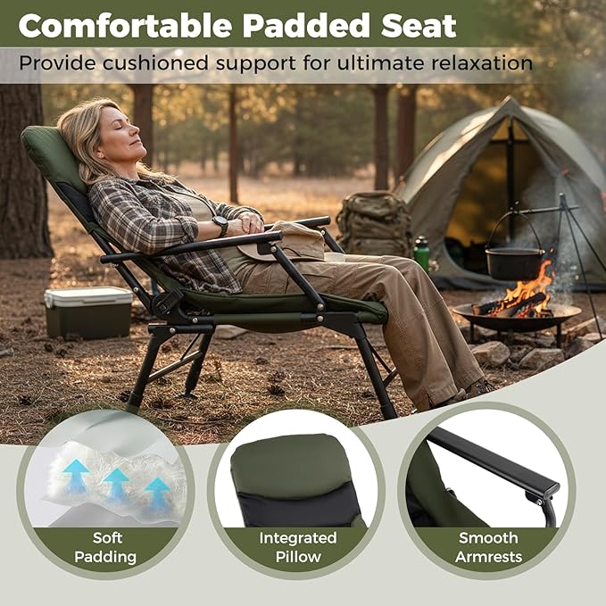 Goplus Oversized Foldable Fishing Chair for Adults Heavy Duty All-Terrain Camping Chair with Padded High-Back Armrest Adjustable Feet Portable Recliner for Outdoor Patio Beach Garden