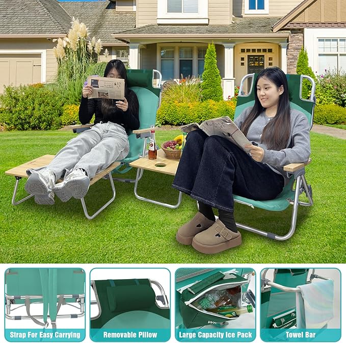 Folding Backpack Beach Chair 2 Pack for Adults &amp Teens Aluminum 5-Position Lay Flat Lounge Chair with Camping Bamboo Table 200LBS Beach Reclining Chair Outdoor with Cooler Bag Green