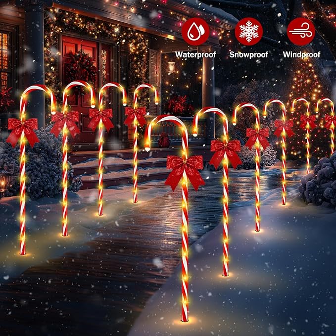40in Christmas Solar Candy Cane Pathway Lights 12Pcs 120 LED Solar Outdoor Christmas Decorations with Red Bow Waterproof 8 Modes Timer Remote Walkway Garden Light for Xmas Yard Lawn Patio Decor