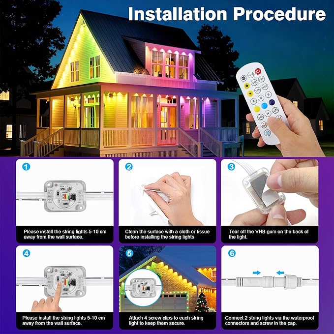 247FT 90LEDs Permanent Outdoor Lights IP67 Waterproof Easy Install Under Eave Lighting with Remote for ChristmasHouse Party