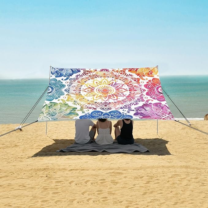 ALAZA Rainbow Mandala Watercolor Beach Tent Sun Shelter UPF50+ Protection Beach Shade Canopy w/ 4 Sandbags for Outdoor Camping Fishing Backyard Fun Picnic 10x9 ft