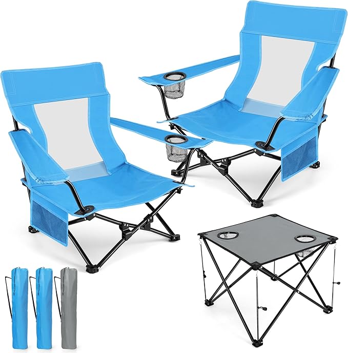 HaSteeL Folding Beach Chair Set of 3 Foldable Blue Camping Chairs &amp Grey Table for Outside Low Beach Chair Portable for Adults Fishing Picnic Outdoor BBQ Travel Sports Cup Holder &amp Stor