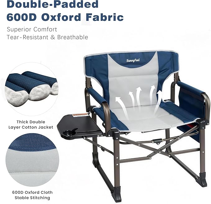 SUNNYFEEL Oversized Camping Directors Chair Blue Portable Folding Chair for Adults Support 600lbs with Side Pocket and Side Table for Beach Fishing Trip Picnic Lawn Outdoor Foldable Camp Chairs