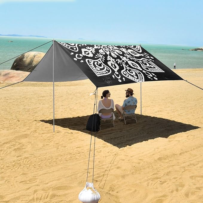 ALAZA White Mandala Graffiti Beach Tent Sun Shelter UPF50+ Protection Beach Shade Canopy w/ 4 Sandbags for Outdoor Camping Fishing Backyard Fun Picnic 10x9 ft