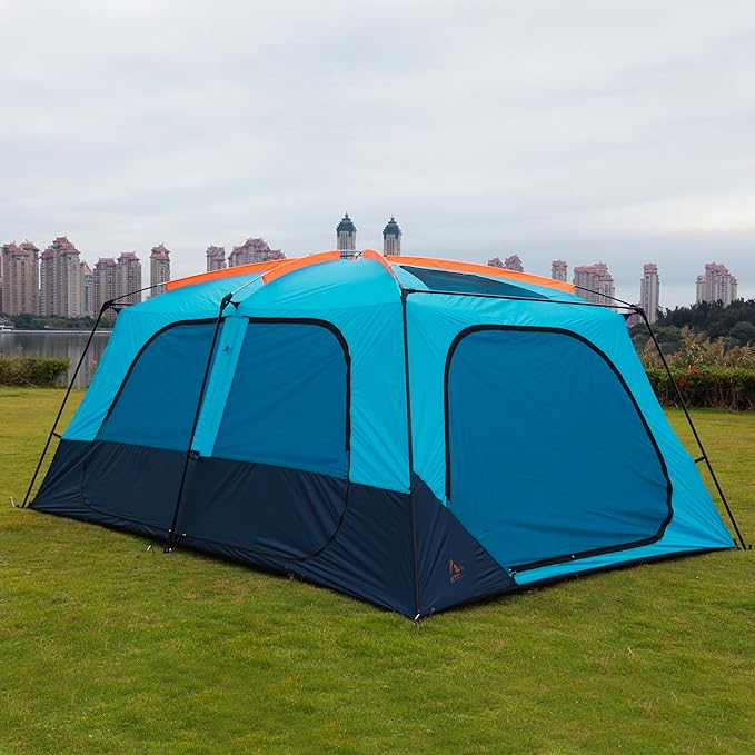 KTT Extra Large Tent 12 PersonFamily Cabin TentsAwning2 Rooms4 Doors and 4 Windows with MeshStraight WallWaterproofDouble LayerBig Tent for OutdoorPicnicCampingFamily Gathering