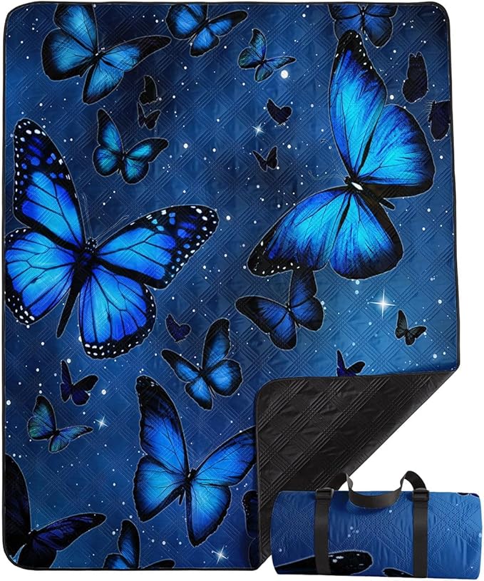 Outdoor Picnic Blanket Portable Ultrasonic Waterproof Picnic Cartoon Butterfly Blue Printed Camping Beach Mat for Sand and Wet Grass Hiking (Cartoon Butterfly S