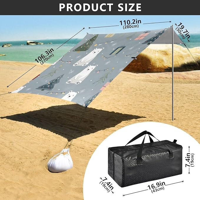 Bolaz Beach Canopy Tent Sun Shade9'×10.5' Large Family Beach Shade UPF50+- Outdoor Shade for Camping Trips FishingGray Polar Bear Pattern