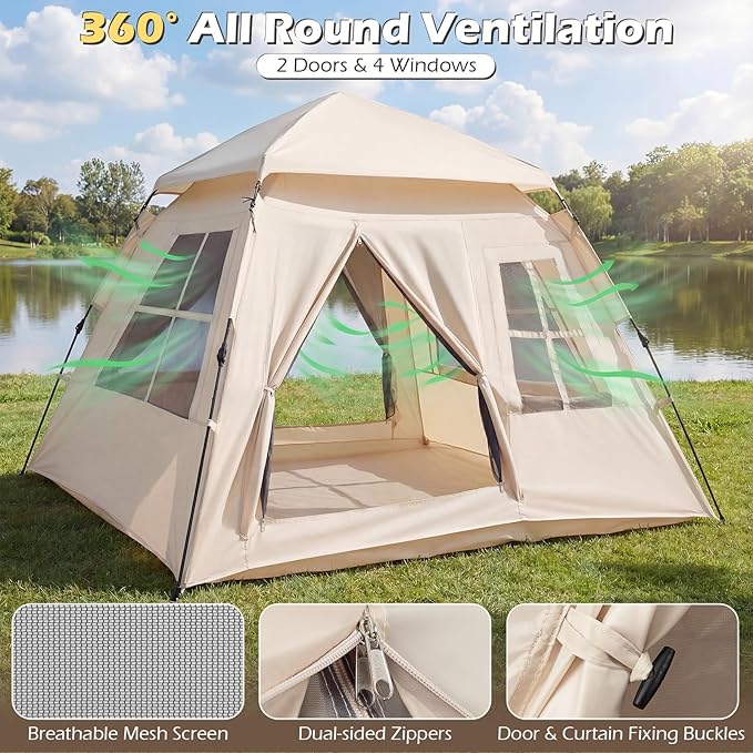 Goplus 4 Person Camping Tent Portable Automatic Easy Setup Cabin Tent with Rainfly Mesh Windows 2 Doors &amp Carrying Bag Lightweight Outdoor Sun Shelter for Hiking Traveling Picnic