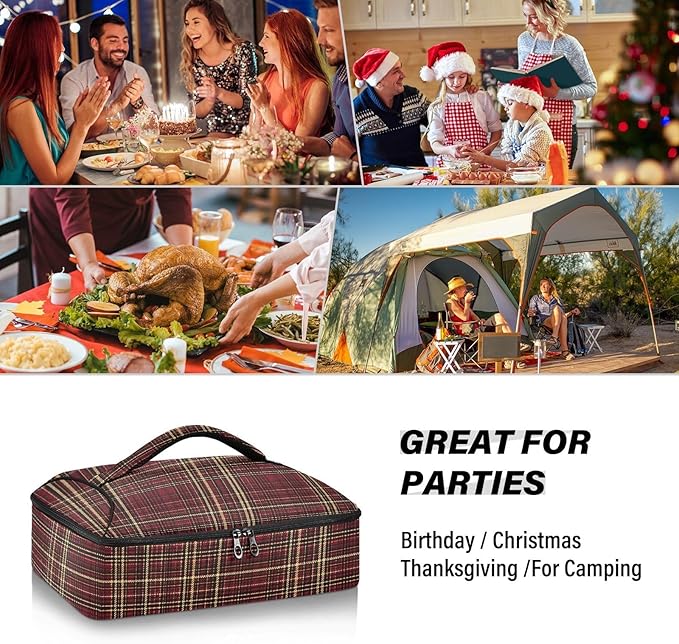 Casserole Carrier Red and Brown Tartan Print Pattern Insulated Casserole Carrier for Hot or Cold Food Thermal Lunch Tote for Parties Picnic Travel Carry Bag