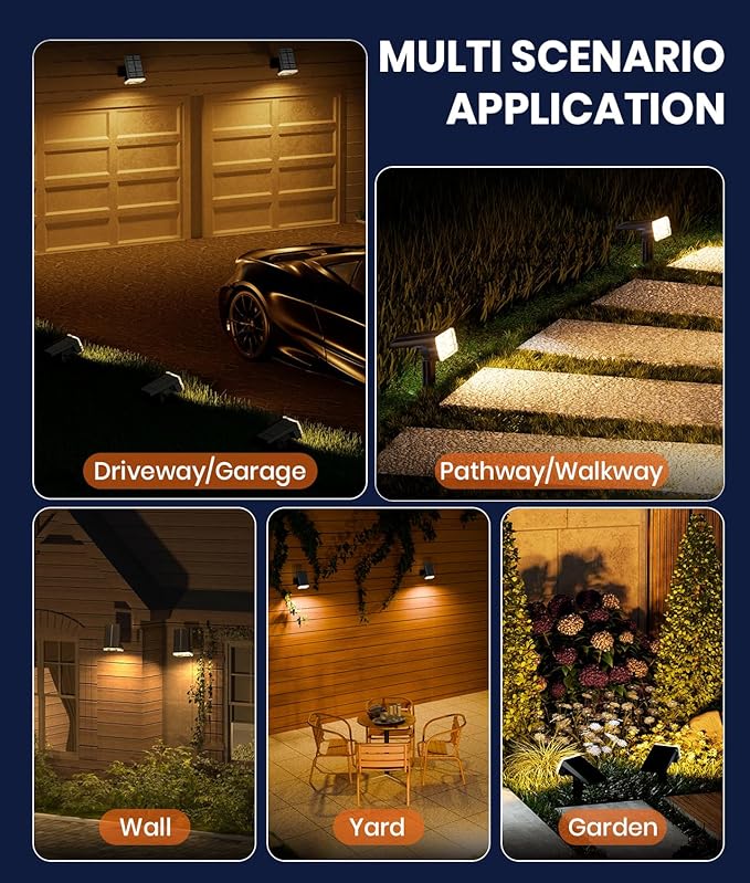 2-Pack Solar Lights Outdoor Waterproof IP67 3 Color Modes (Warm/Cool White &amp Hybrid) with 3 Lighting Modes 105° Adjustable Dusk to Dawn Solar Spotlights for Pathway/Garden/Yard Wall/Ground Light