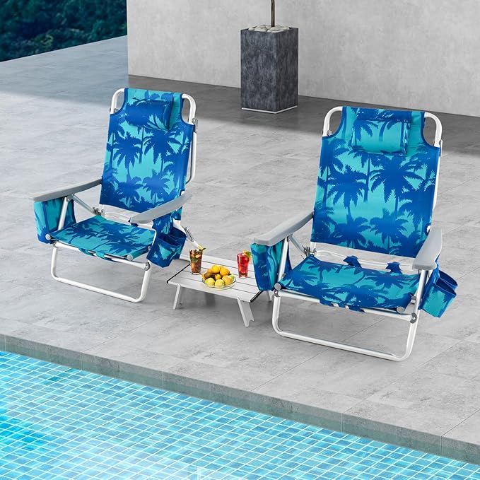 COSTWAY Backpack Beach Chairs Set 3-Piece Portable Camping Chairs with Cup Holder Ice Bag 5-Position Outdoor Reclining Chairs for Adults Travel Sunbathing Support 300 LBS Light Blue