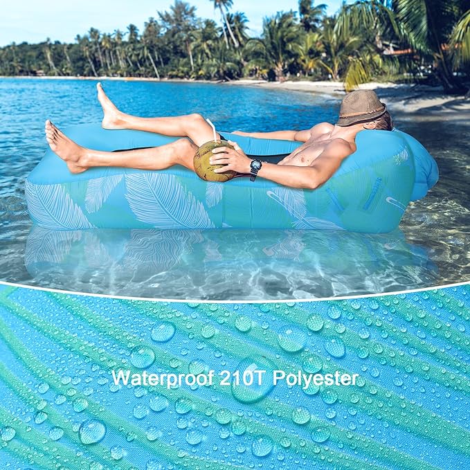 Inflatable Lounger Air Sofa with Sunshade for Adults Inflatable Couch with Mesh Back for Camping Sky Blue Feather