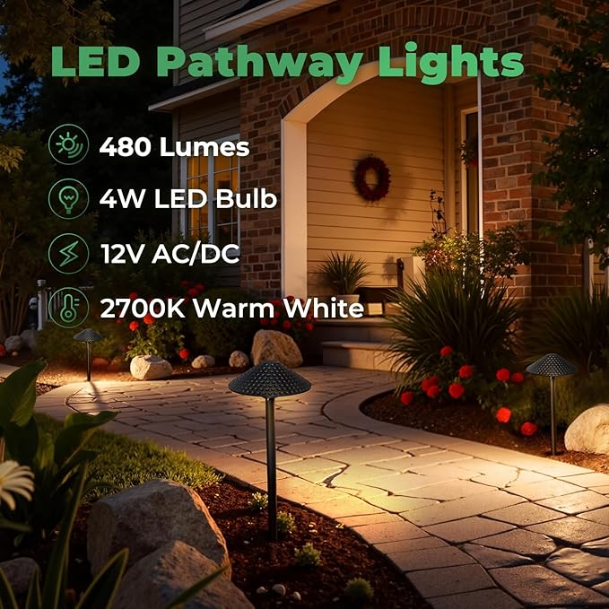 Gardencoin Low Voltage Pathway Lights (6.69'' Shade 21.54'' Tall) 12V Outdoor LED Landscape Pathway Lighting Aluminum Vintage Hammered Path Lights with 4W 2700K Replaceable Bulb 8 Pack
