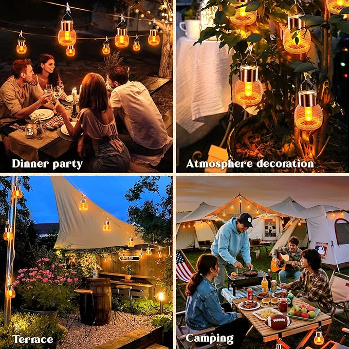 Anordsem Solar Hanging Lights Outdoor: 8 Metal Mesh Flame Lanterns with Clip - Waterproof LED Warm Lighting for Christmas Tree Yard Garden Decor - Xmas DIY Gift for Homeowners Camper