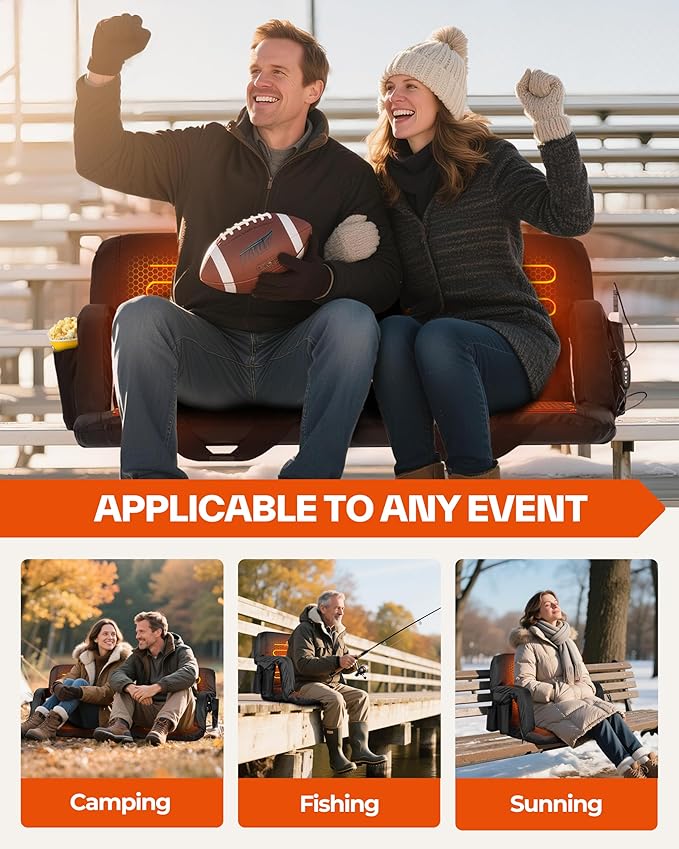 Sportneer Heated Stadium Seats with Back Support: 6 Adjustable Angles Extra Wide Bleacher Seat with Dual Heating Zones - 2.5 Padded Stadium Seats for Sports Outdoors(Power Bank Not Included)