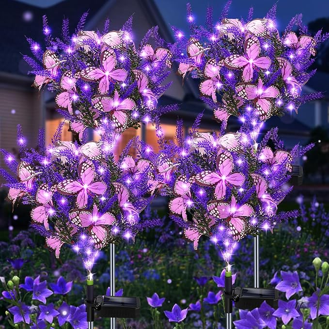 Solar Garden Lights Outdoor 4 Pack Purple Lavender Solar Butterfly Lights Gardening Gifts for WomenArtificial Flowers Light Purple Halloween Garden Decor for Patio Yard Lawn Christmas