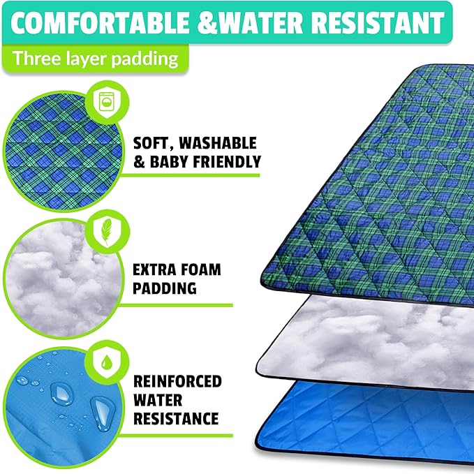 Beach Blanket Sand Proof &amp Outdoor Picnic Blanket - Water Resistant Large Mat for Camping or Travel. Washable Foldable Easy Carry Compact Tote Bag (Green/Blue Plaid)